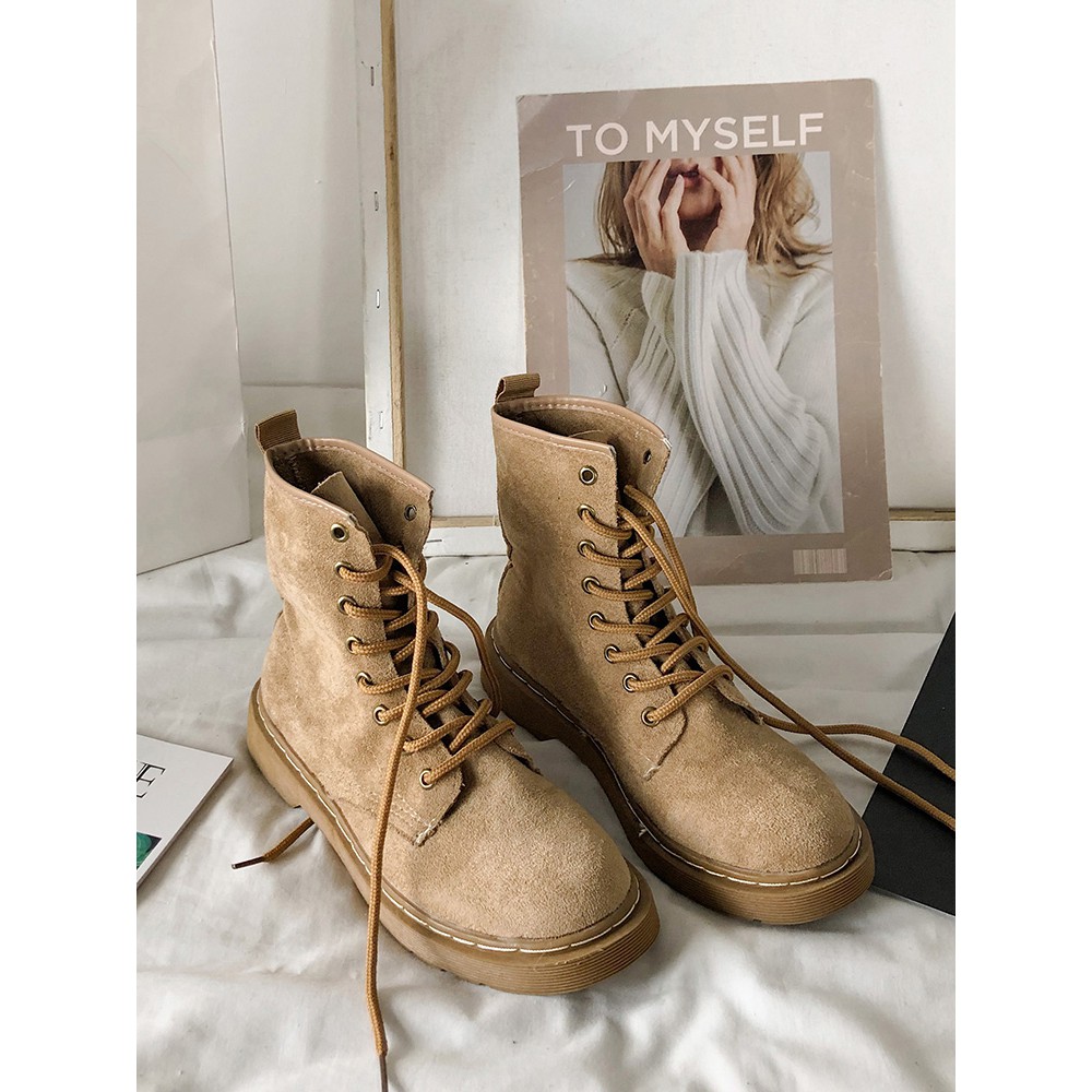 Giày boots Martin nữ cổ cao kiểu Anh da lộn đế bệt style retro cá tính năng động mùa thu đông