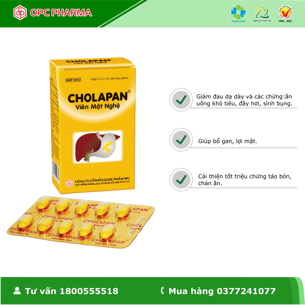 Viên mật nghệ CHOLAPAN OPC- Hỗ trợ bổ gan, lợi mật. Giảm đau dạ dày