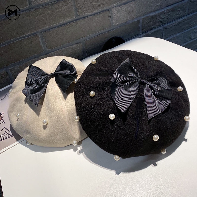 Mũ Beret Len Đính Nơ Ngọc Trai Dễ Thương Phong Cách Lolita Nhật Bản
