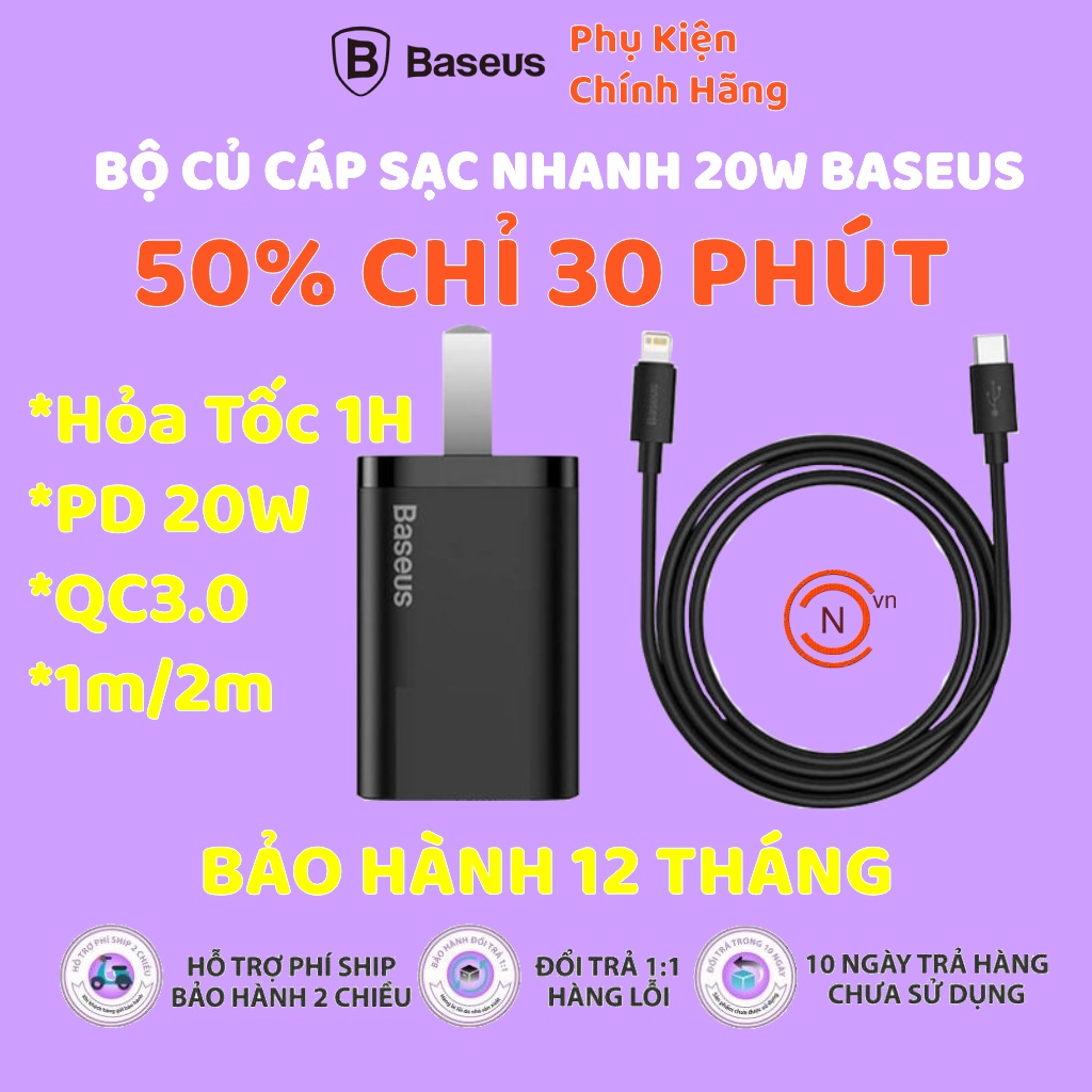 Bộ củ cáp sạc nhanh iphone baseus 20w củ cốc sạc basues 20w 30w PD QC3.0 cóc sạc nhanh iphone ip 13 promax 13 12 11 X ..