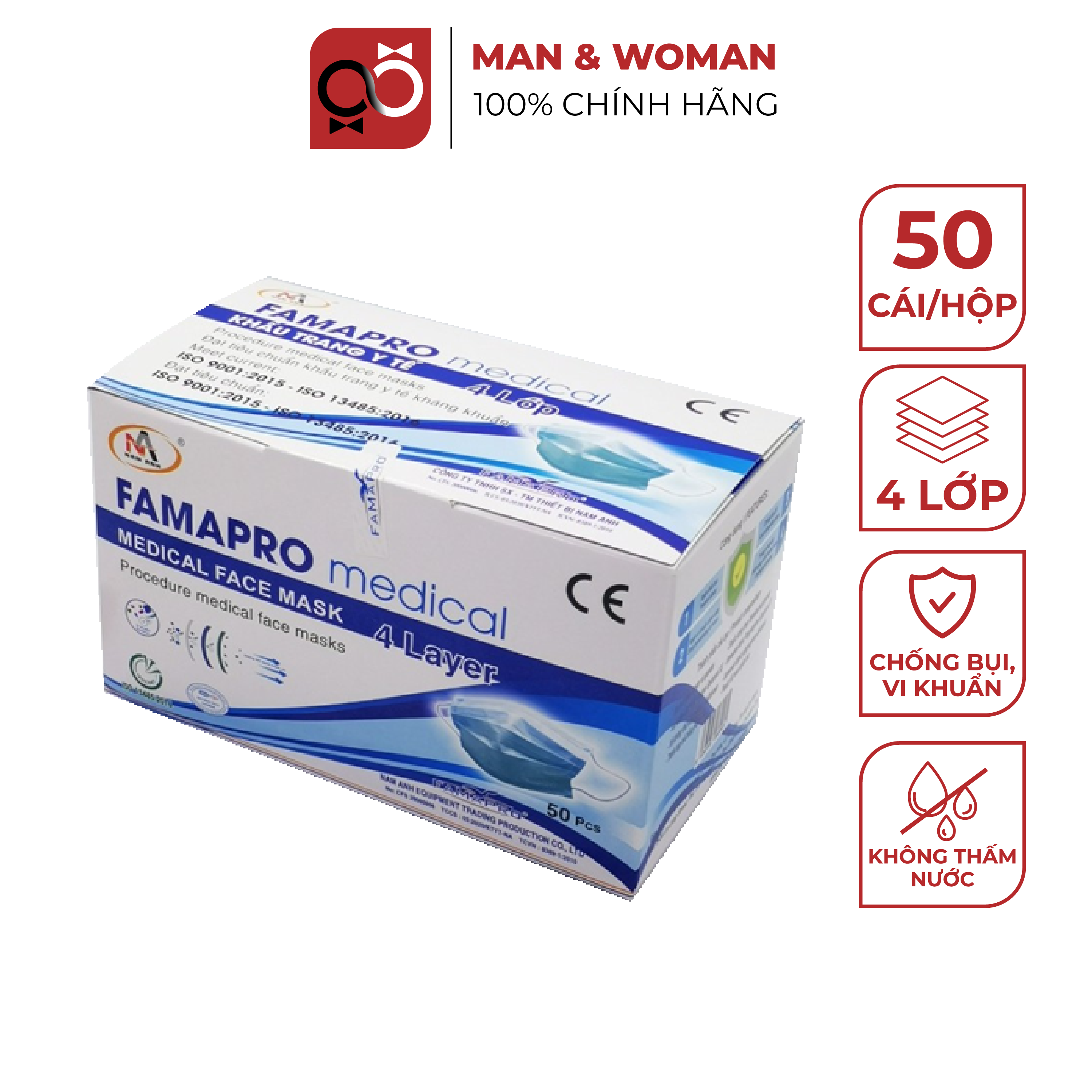 Hộp 50 Cái Khẩu Trang Y Tế 4 Lớp Kháng Khuẩn Famapro Nam Anh Cao Cấp