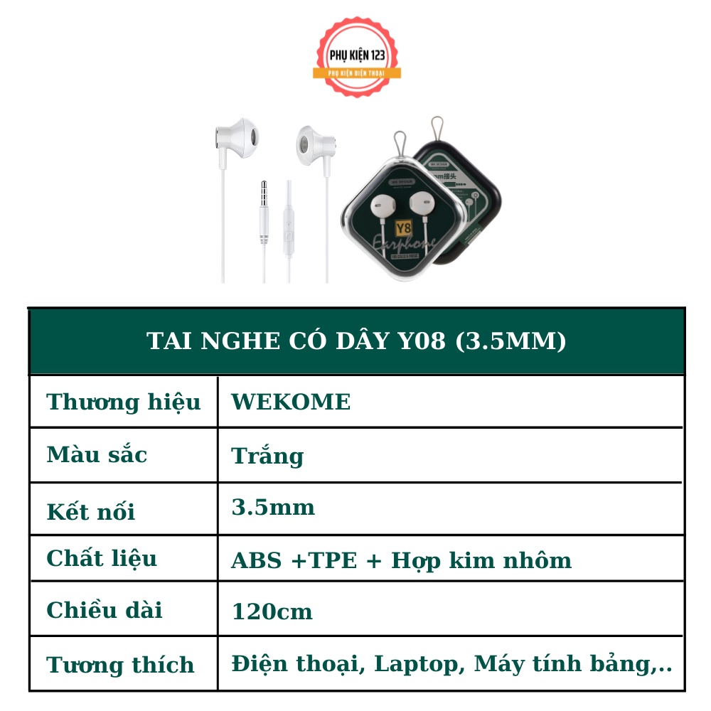 Tai nghe có dây Wekome Y8 tích hợp đàm thoại, nghe nhạc, chơi game