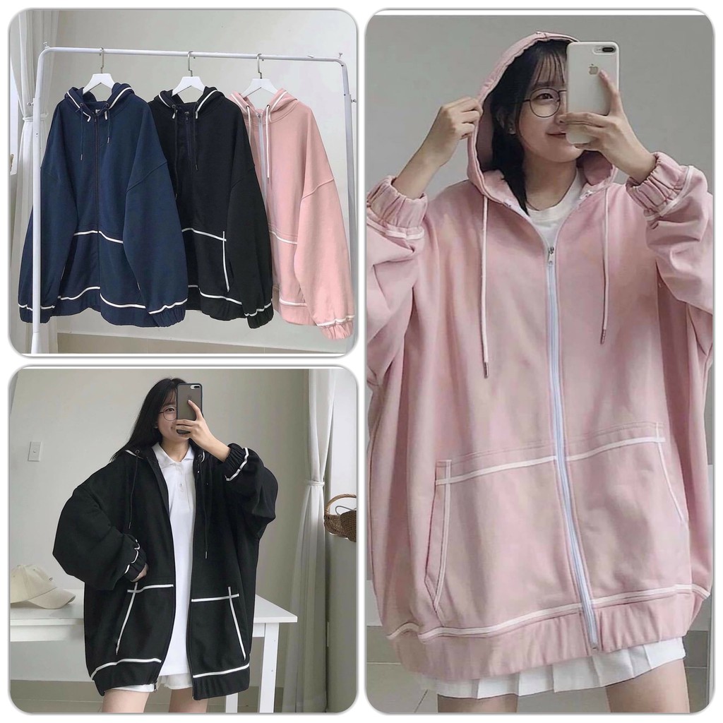 Áo Hoodie Kẻ Viền Túi Nữ 🌸 Áo khoác nỉ tay bồng form rộng, thiết kế đơn giản, bánh bèo 🌸