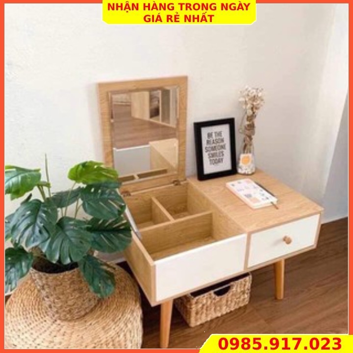 Bàn trang điểm gỗ mini ngồi bệt kèm gương gập gọn đa năng