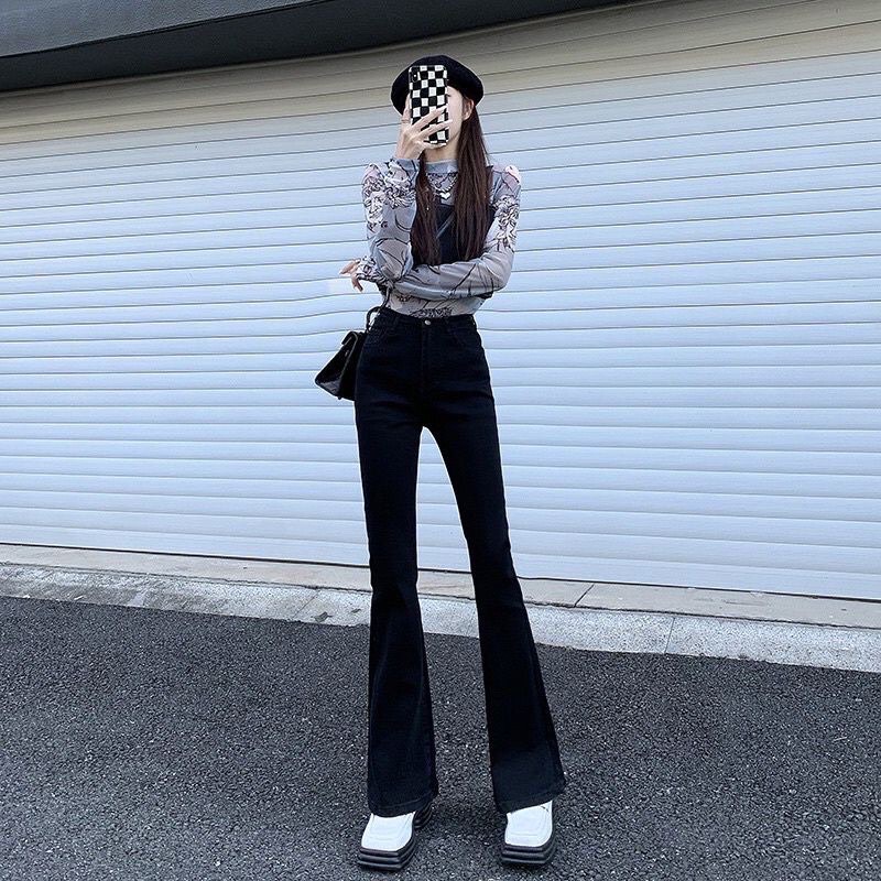 Quần jean ống loe cạp cao co giãn tôn giáng