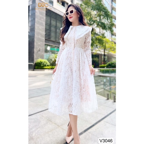 V3046 - váy ren xoè dài tay màu trắng và màu be
