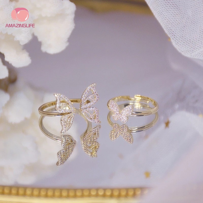 Nhẫn Hở Mạ Vàng Hình Cánh Bướm Đính Đá Zircon Lấp Lánh Có Thể Điều Chỉnh Phong Cách Hàn Quốc