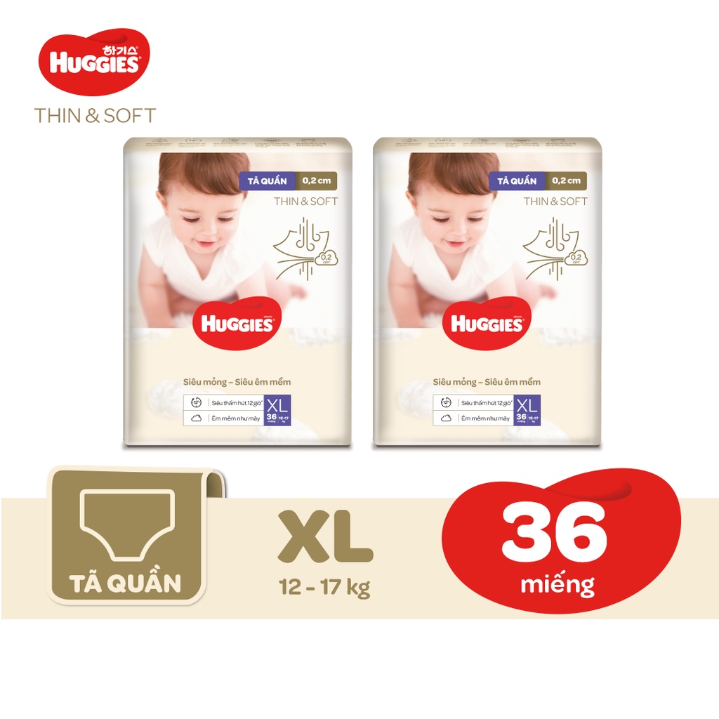 [Mã MKBHUGBU giảm 12% đơn từ 400K] Combo 2 Tã quần Hàn Quốc Huggies Thin &amp; Soft mỏng tàng hình size XL - 36 miếng