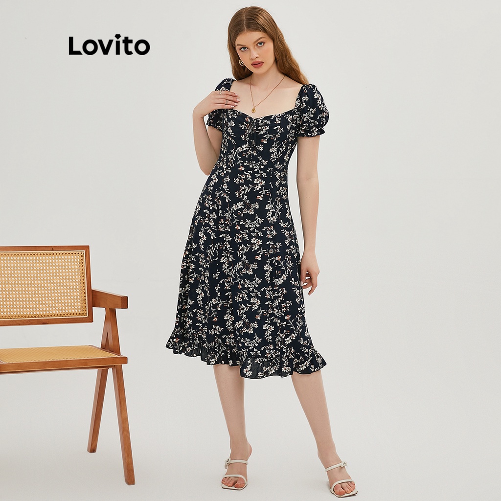 Lovito Đầm Hoa Tay Phồng Cổ Vuông Phong Cách Vintage L20D225 (Xanh Đậm)
