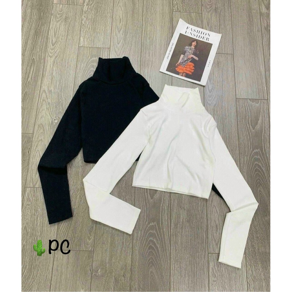 Áo croptop cổ lọ tay dài, có xỏ ngón, thun gân