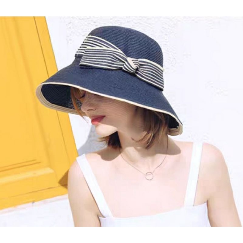 Mũ đi biển rộng vành nón cói nữ rộng vành chống nắng đẹp Nơ sọc phối màu