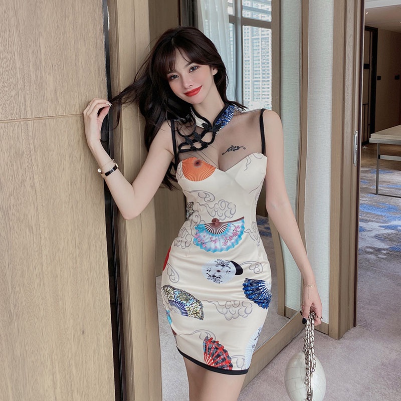 IELGY    Sườn Xám Cách Tân Thêu Họa Tiết Đơn Giản Phong Cách Trung Hoa Cổ Điển Thời Trang Cho Nữ