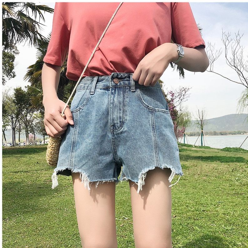 AMOI Quần Short Denim Lưng Cao Ống Rộng Thời Trang Hàn Quốc Cho Nữ