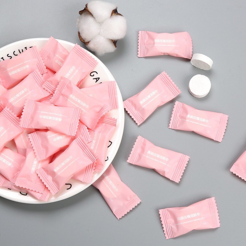 Khăn giấy nén dạng viên kẹo màu hồng dễ dàng bỏ túi đi du lịch, đi làm 88005