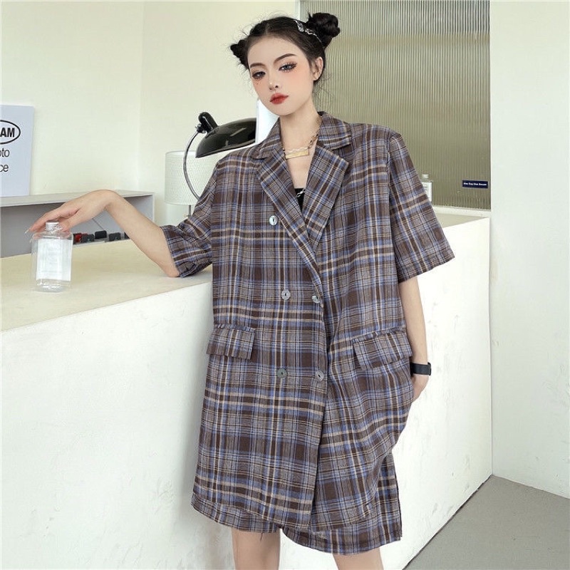 Set bộ áo vest kẻ tay lỡ kèm quần cullot dáng thụng thời trang hàn Quốc