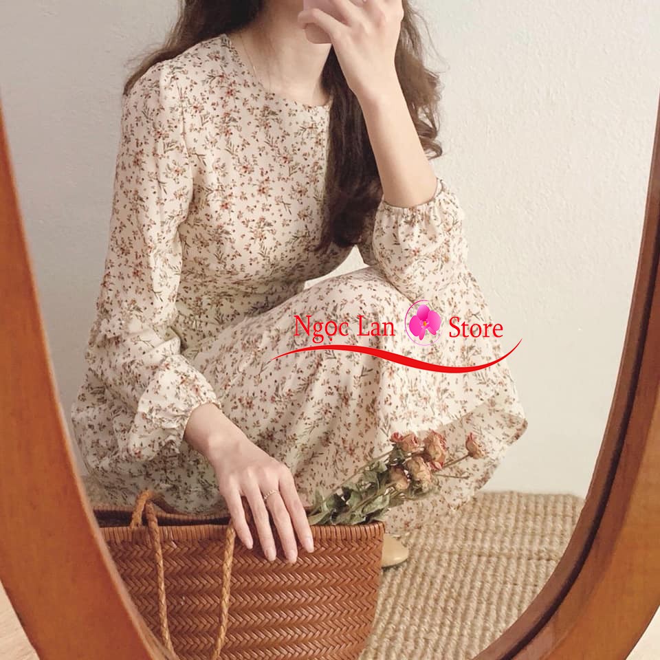 Đầm Hoa Nhí Dáng Dài 2 Lớp - Váy Hoa Vintage Thắt Nơ Eo