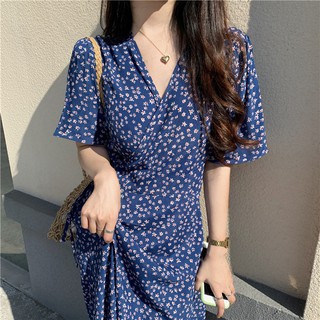 (HÀNG SẴN) Váy hoa nhí cộc tay cổ V xanh dương thắt eo xòe dài vintage Hàn Quốc nhẹ nhàng