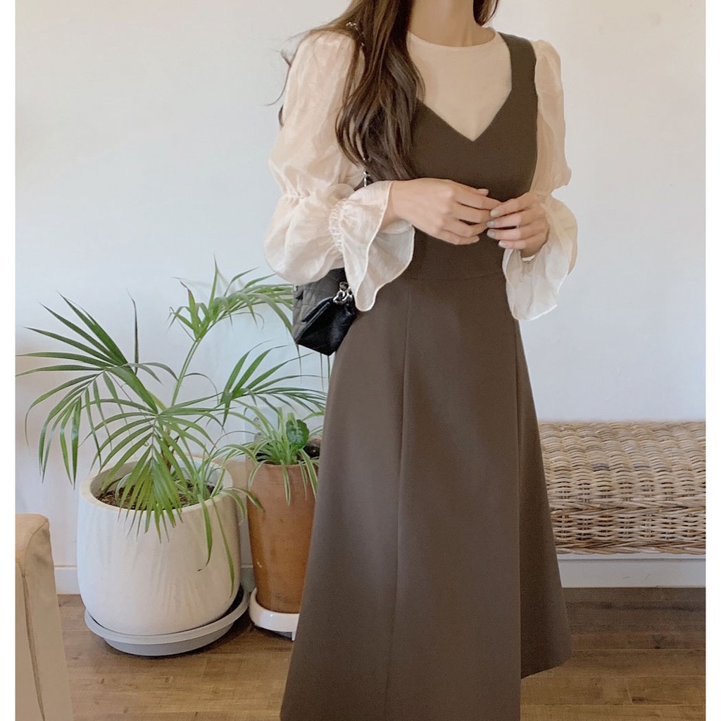 Áo tay phồng cổ tròn/ Đầm lửng không tay chiết eo mẫu 39459