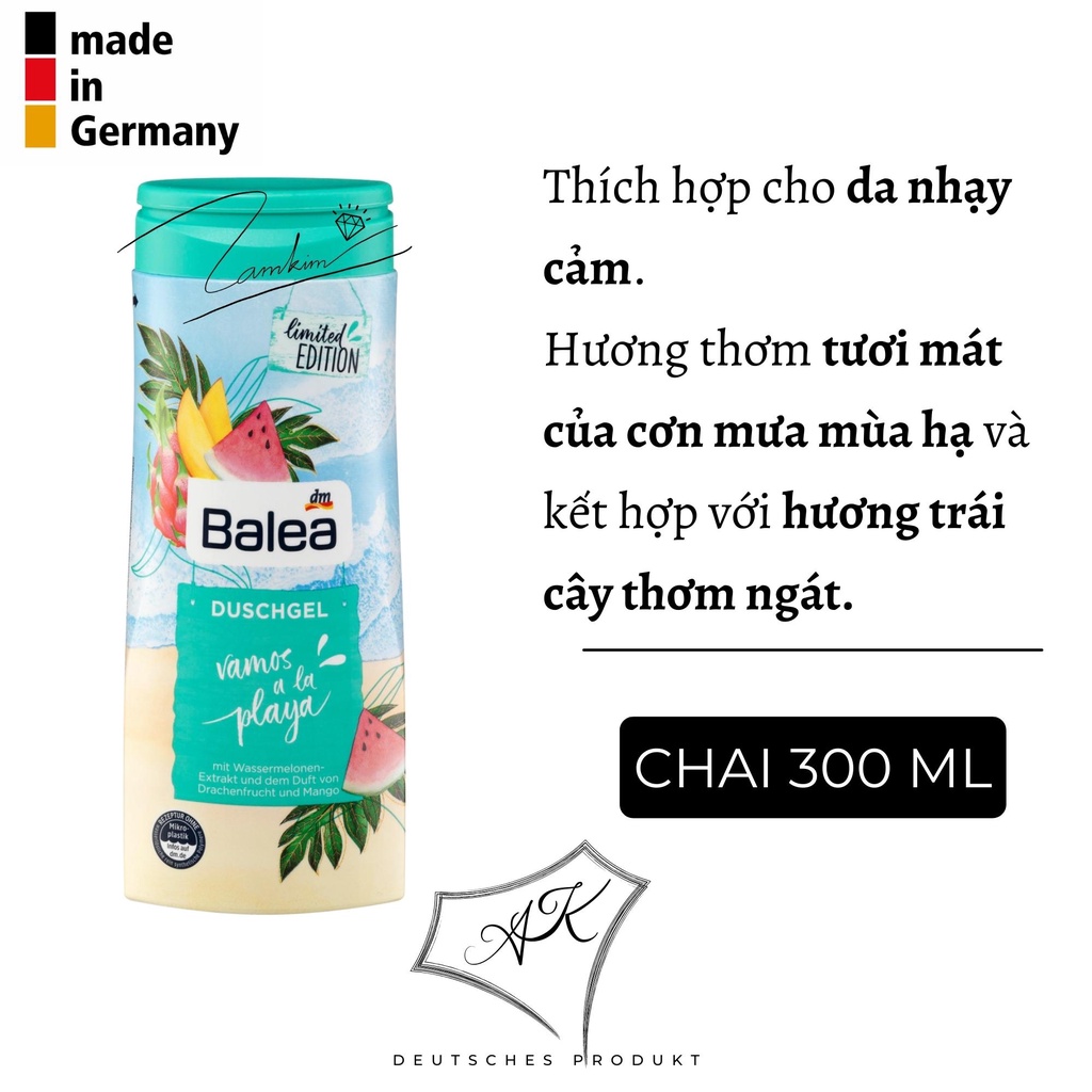 [ Hàng Đức ] Sữa tắm Balea hàng nội địa Đức, mềm mịn dưỡng ẩm cho mọi loại da - 300ml