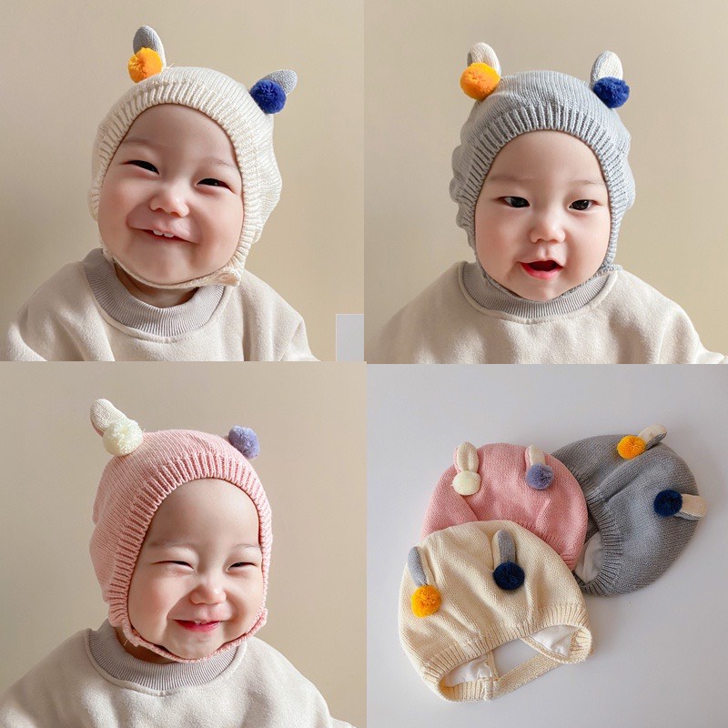 Mũ len quả bông đáng yêu cho bé có cúc cài tránh rơi mũ, mềm mịn