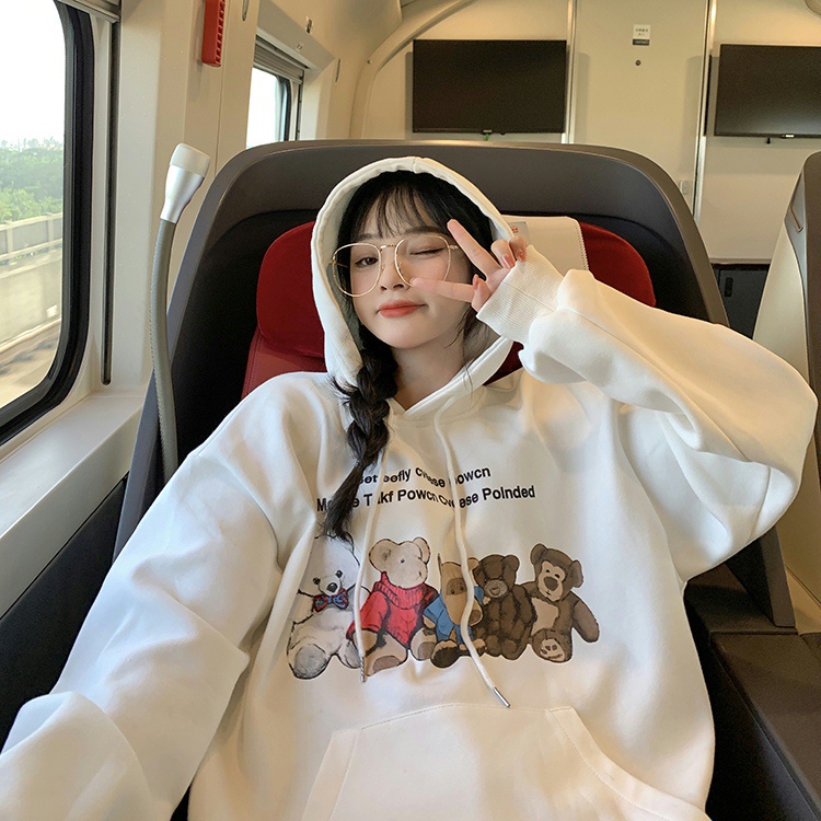 Áo hoodie dài tay dáng rộng in hình giản dị dễ phối đồ thời trang