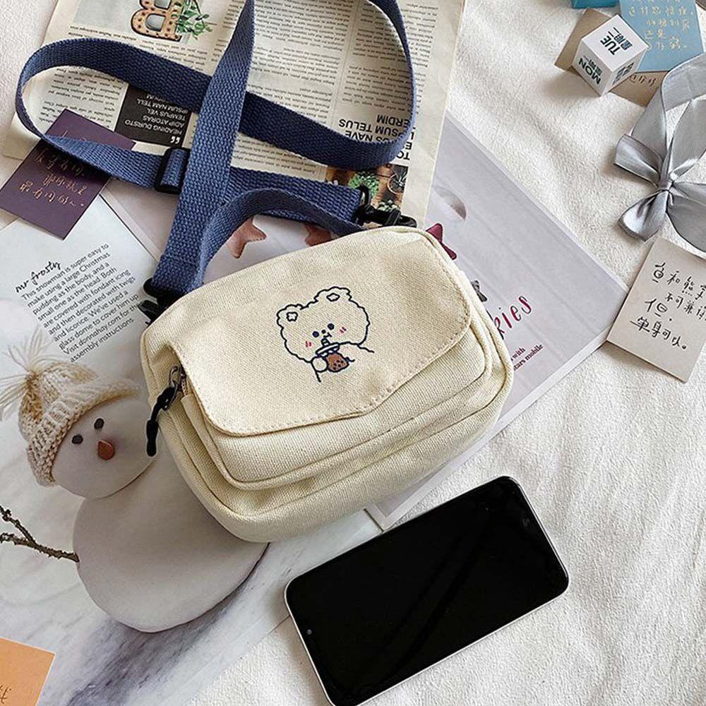 Túi Đeo Chéo Vai Bằng Vải Canvas Màu Trơn Trang Trí Hình Gấu Dễ Thương Dành Cho Nữ