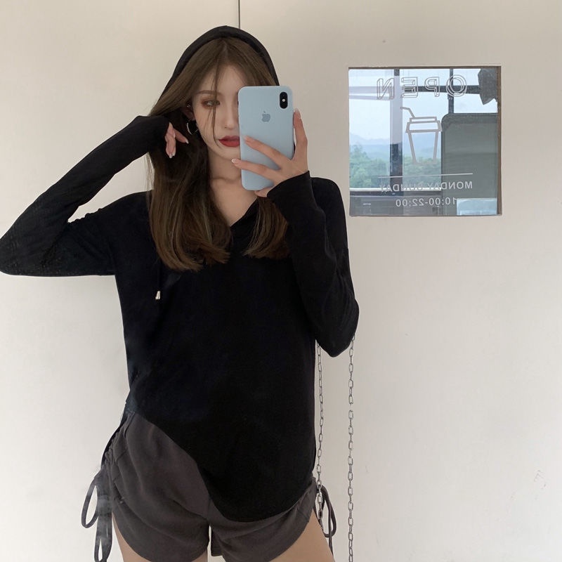 IELGY Bộ Áo Thun Tay Dài Có Mũ Trùm + Quần Short Mỏng Thời Trang