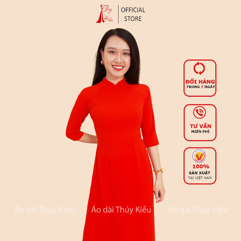 Áo dài trơn lụa Nhật cổ 2 phân màu đỏ cam AK39