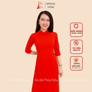 Áo dài trơn lụa Nhật cổ 2 phân màu đỏ cam AK39