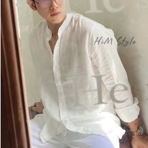Áo Sơ Mi Nam Cổ Trụ Tay Dài Không Túi Linen Tưng