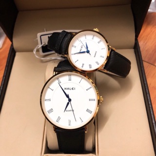 MỘT_ĐỔI_ MỘT TRONG 7 NGÀY- Căp đồng hồ đôi nam nữ  Halei dây da nâu kim xanh mặt trắng thanh lịch, sang trọng