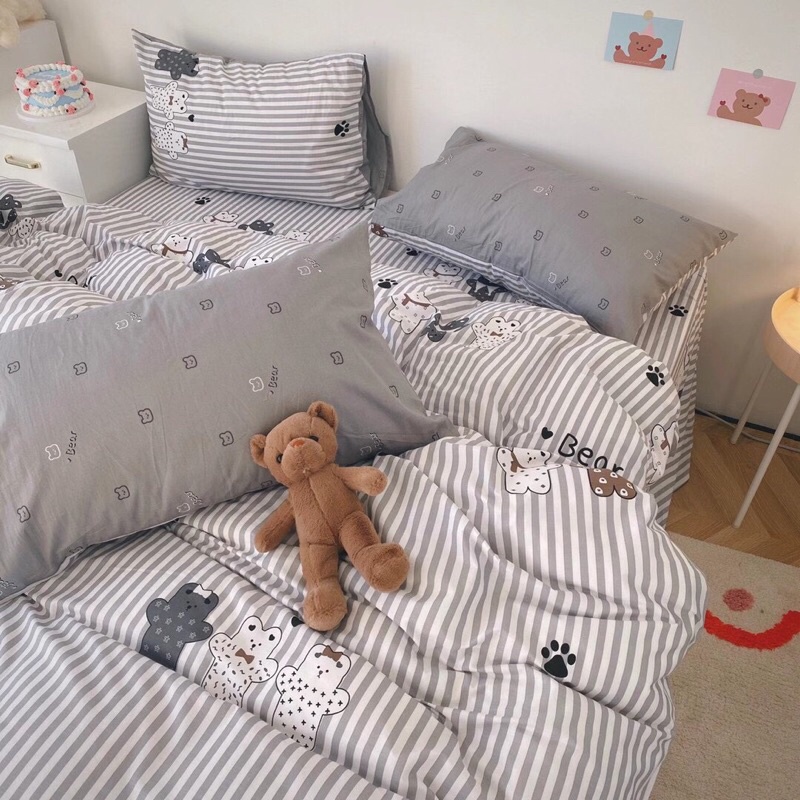 Bộ Chăn Ga Gối ❤️ Cotton living 100% cao cấp đủ size đệm ga giường họa tiết gấu đáng yêu phong cách Hàn Quốc chính hãng
