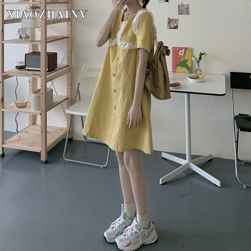 Xiaozhainv Đầm tay ngắn thiết kế dáng rộng phong cách thời trang Hàn Quốc cho nữ | BigBuy360 - bigbuy360.vn