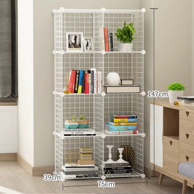 Tủ ghép lưới sắt thép đa năng hiện đại để sách, decor, trưng bày, trang trí mọi không gian 8 ô.