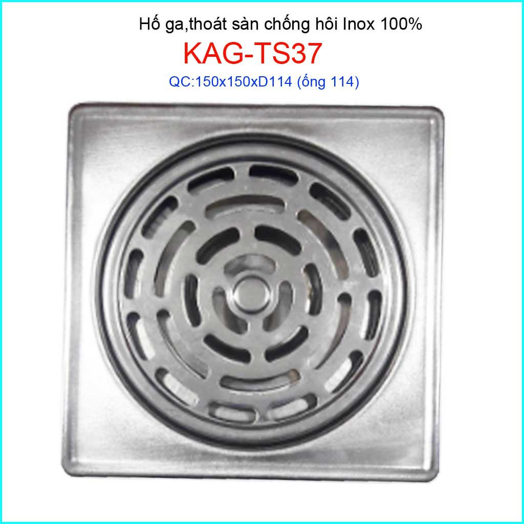 Phễu thoát sàn Inox  KAG-TS37 chống hôi 15x15cm, hố ga thoát sàn cho ống 114mm giá tốt chất lượng tốt