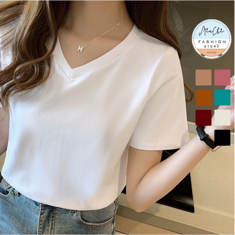 Áo Thun Nữ Trơn Cổ Tim Cộc Tay Minchi Cotton Dáng Ôm body basic thấm mồ hôi tốt