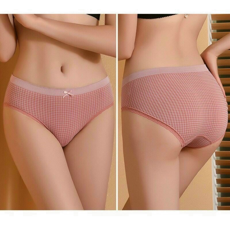 Quần Lót Nữ Ren Kẻ Cotton Mềm Mịn Cạp Đính Nơ Freesize 40-55kg