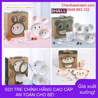 Bộ ăn dặm cho bé sợi tre shall 5 chi tiết khay bát cốc thìa dĩa kute