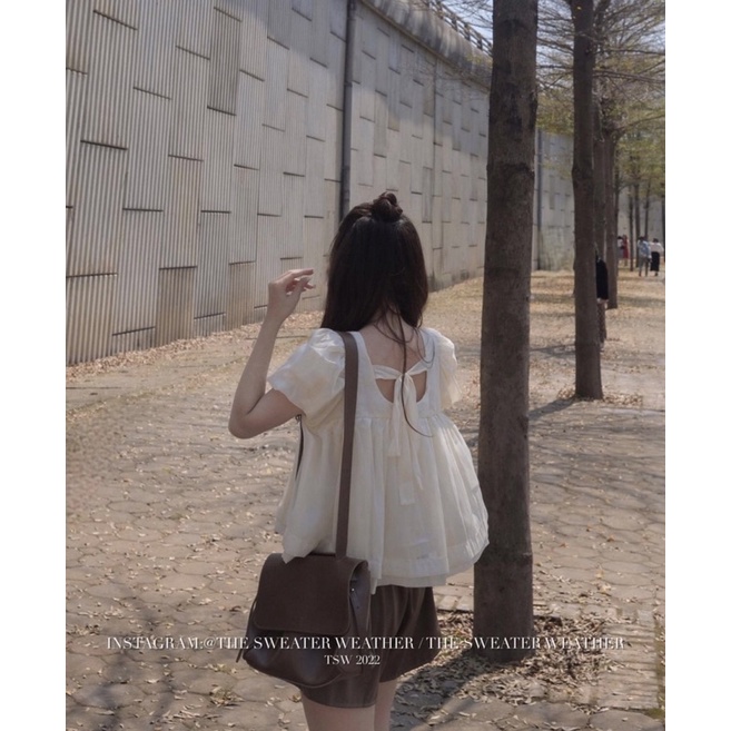 Set áo babydoll nơ sau be sữa mix quần nâu ulzzang