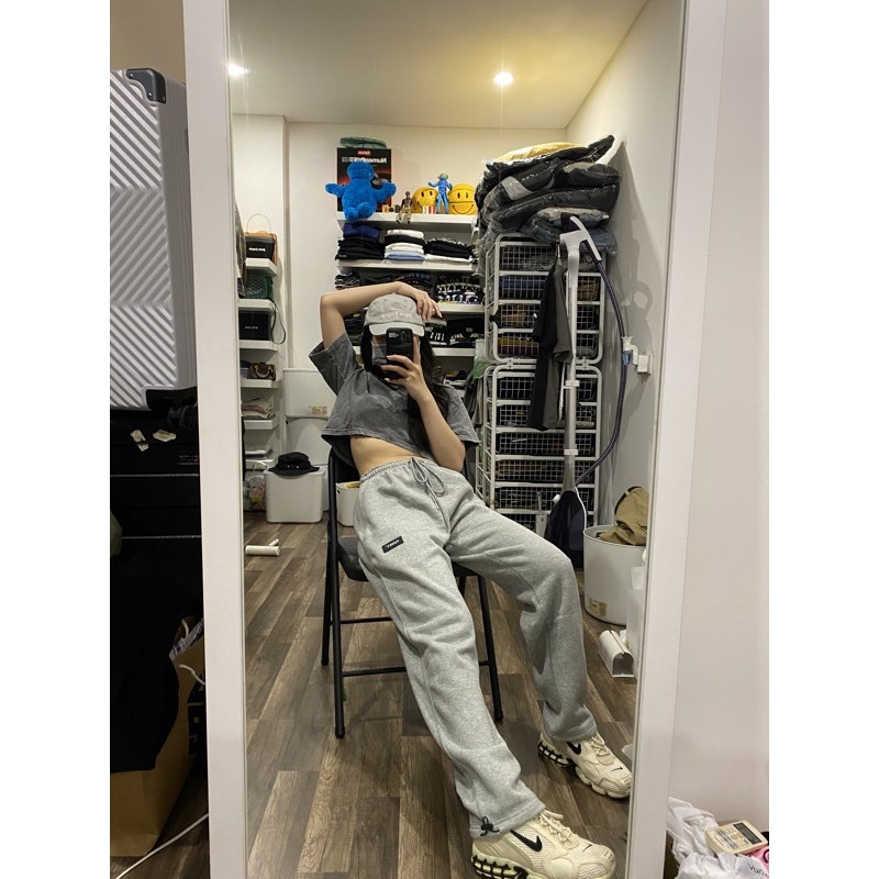 QUẦN DÀI NỈ NAM NỮ UNISEX ỐNG SUÔNG CẠP CHUN MÀU GREY LOGO FUNKY