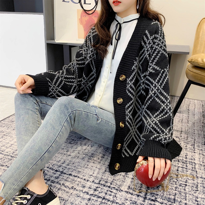 Áo khoác len cardigan len họa tiết ô chéo 3 màu đen, trắng, xám thời trang phong cách Hàn Quốc