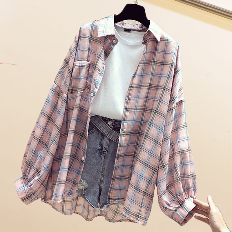 Áo sơ mi tay dài dáng rộng họa tiết kẻ sọc caro phong cách mùa xuân Hàn Quốc năm 2021 trẻ trung