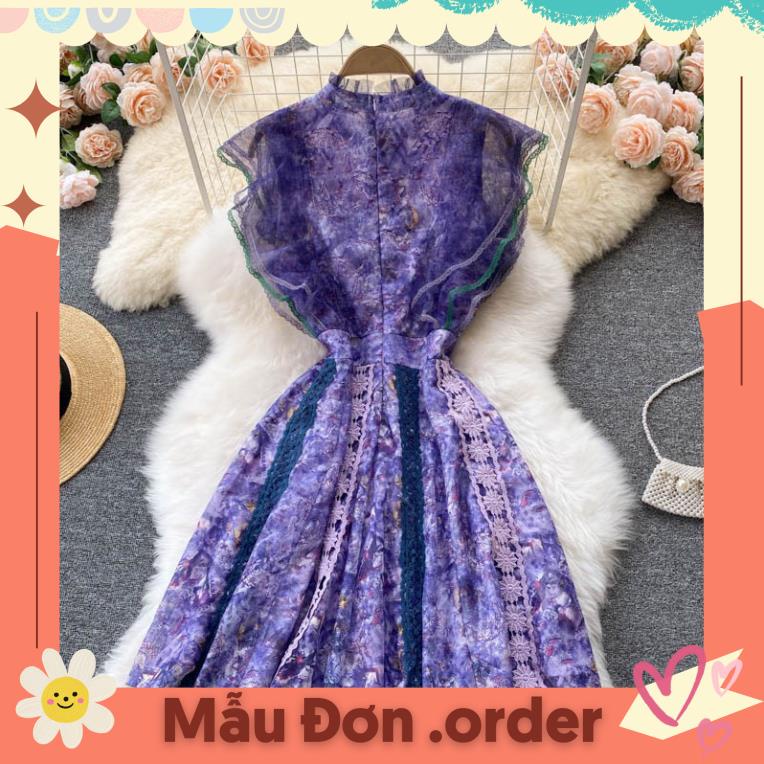 (Mẫu Đơn.order) Đầm tay ngắn màu tím đủ size chiết eo tay voan