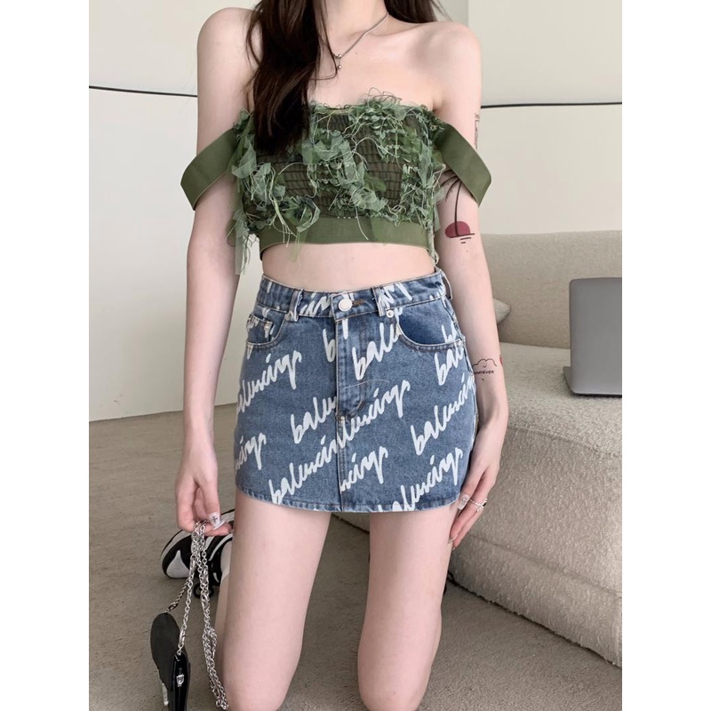 Porozi  Trang phục  chân váy jean dáng chữ A lưng cao/ áo ống thời trang Hàn Quốc dành cho nữ