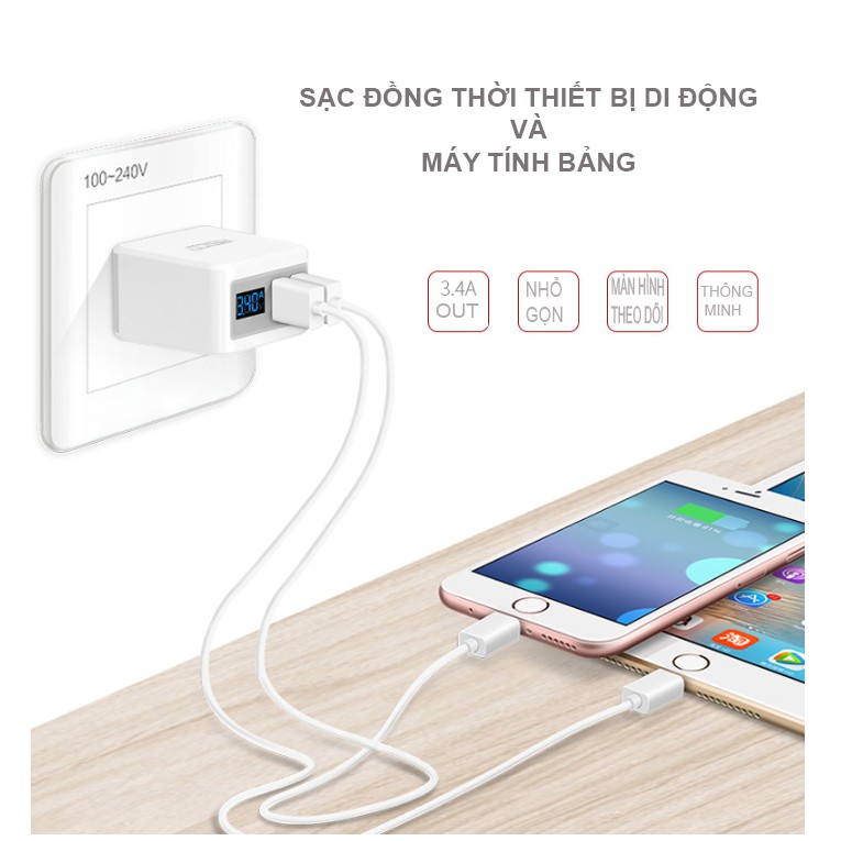 Củ sạc nhanh iphone thông minh 2 cổng usb có màn hình LED hiển thị thông số - Củ sạc nhanh 5v 3.4A chất lượng giá tốt