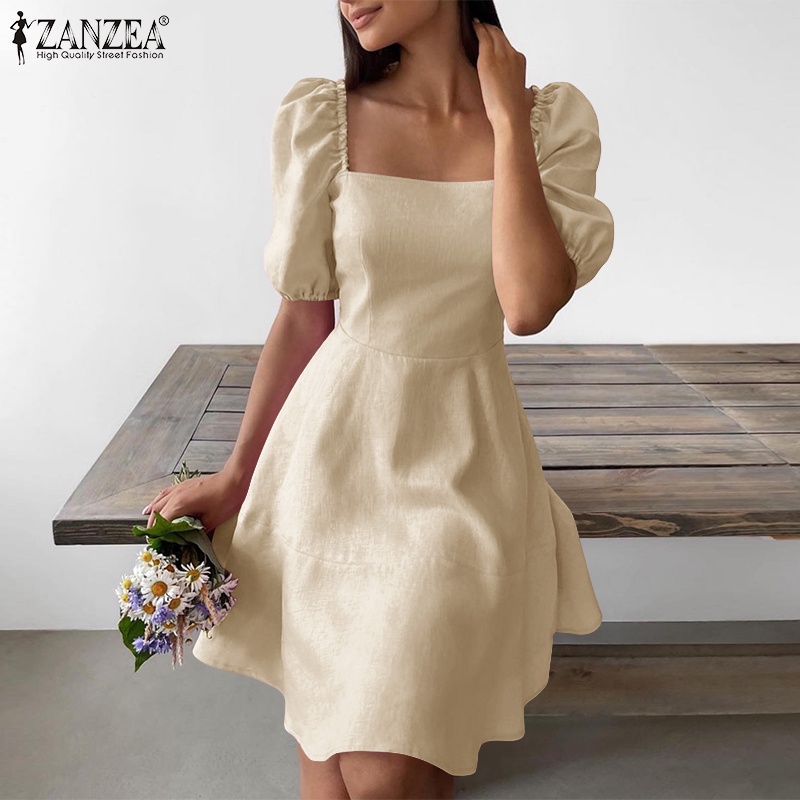 Đầm Mini ZANZEA tay phồng cổ vuông màu trơn thời trang cho nữ