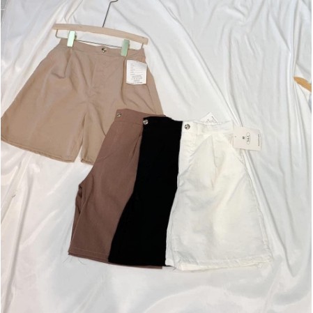 Quần Short Nữ Ống Rộng Lưng Cao Trắng, Đen, Be - Quần Short Nữ Cạp Cao Có Khuy Chất Liệu Đũi QN04