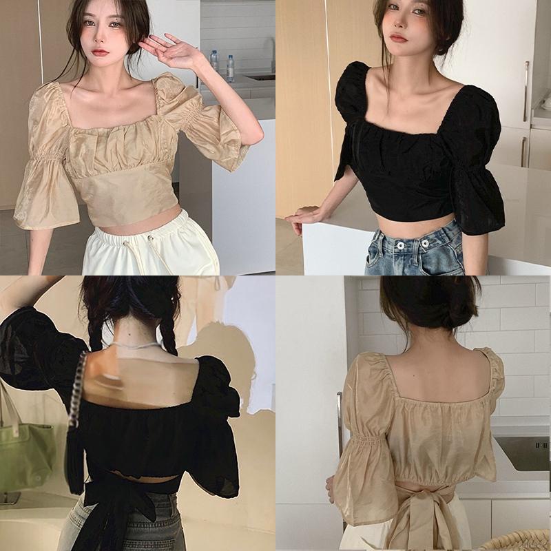 Áo kiểu croptop cổ vuông tay ngắn thiết kế dây đan chéo thắt nơ sau lưng màu trơn phong cách Hàn Quốc retro cho nữ