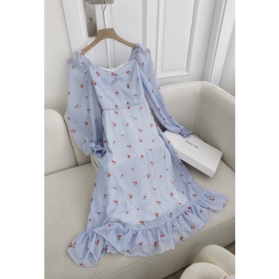 ĐẦM MIDI HOA XANH HOẠ TIẾT CHERRY CHÂN BÈO NHÍU NGỰC