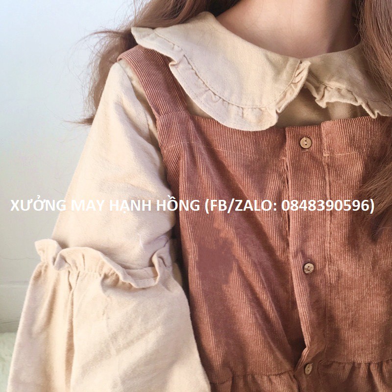 Đầm yếm nhung dáng suông dài Hàn Quốc , set yếm nữ 2 chi tiết áo tay phồng kết hợp váy yếm | BigBuy360 - bigbuy360.vn